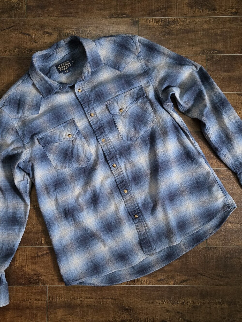 Pendleton Wyatt Blue Ombre Cotton Twill Plaid Snap Front Shirt Size XL